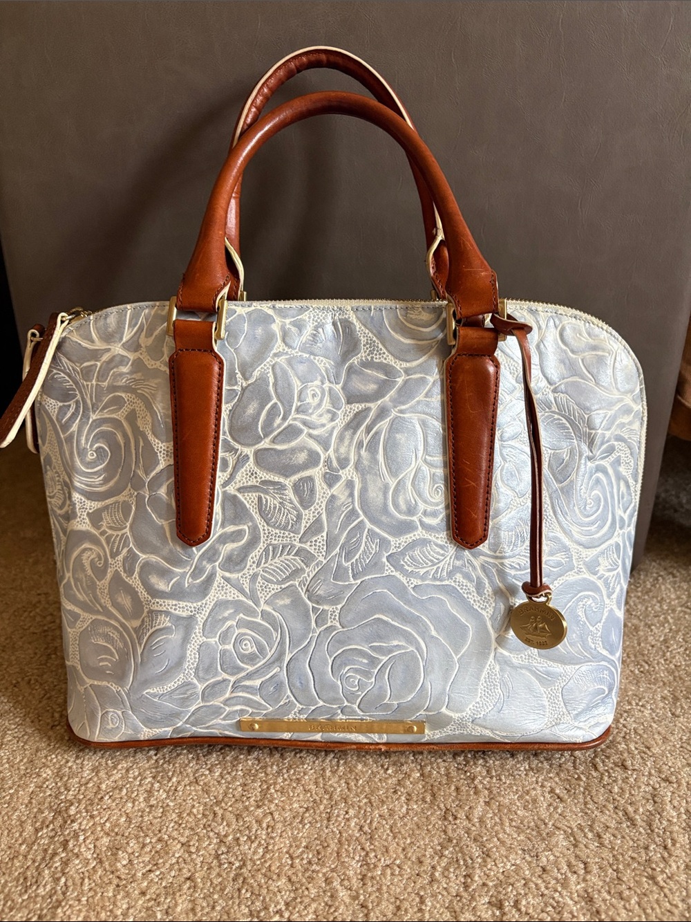 Brahmin Vivian Dome Satchel Blue Floral Embossed with Brown Trim